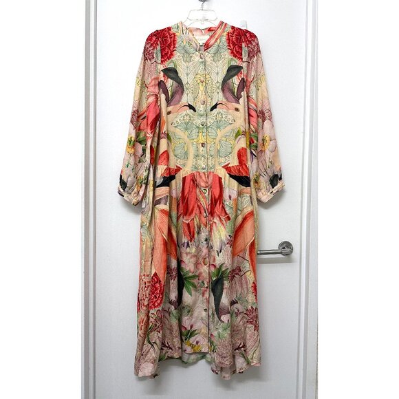 Carolina K Flamingo Bird Print Midi Shirt Dress Floral Tropical Red Linen L - Picture 2 of 13